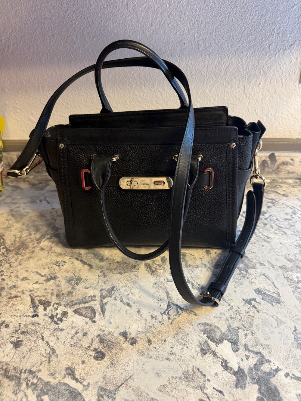 Coach Black Pebbled Leather Satchel with Crossbody Strap